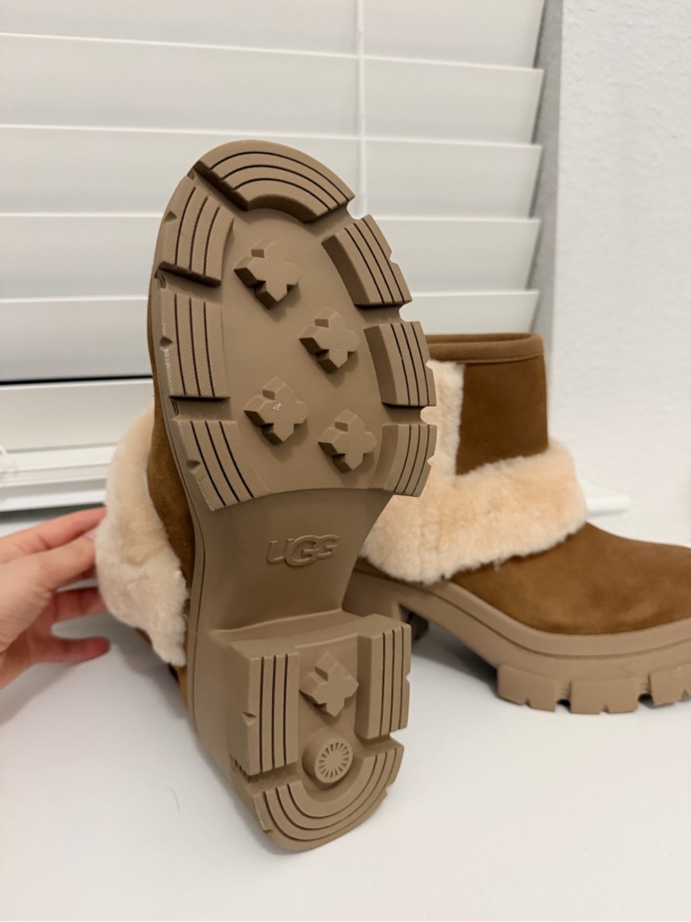 UGG Chestnut Suede Shearling-Trim Chunky Heel Ankle Boots - Picture 4 of 5